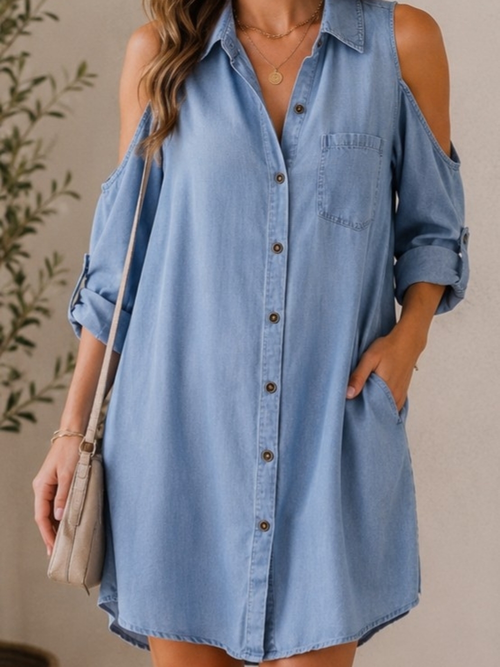 Hope & Harlow Chambray Cold Shoulder Shirt Dress Size 8 Lyocell Tencel